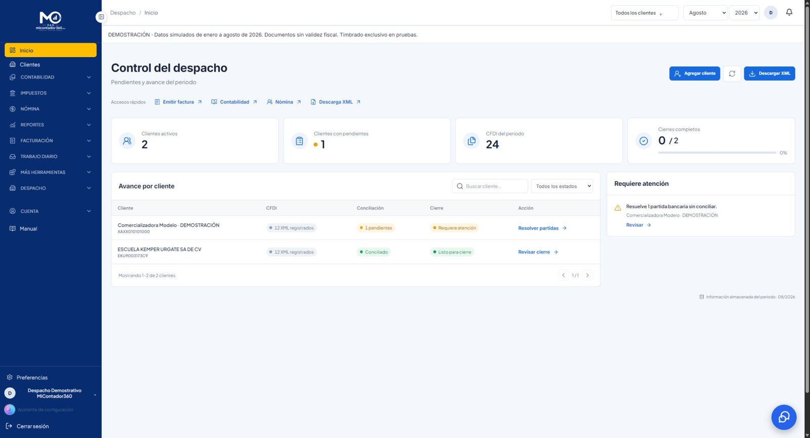 Control actual del despacho en MiContador360 con clientes y pendientes ficticios