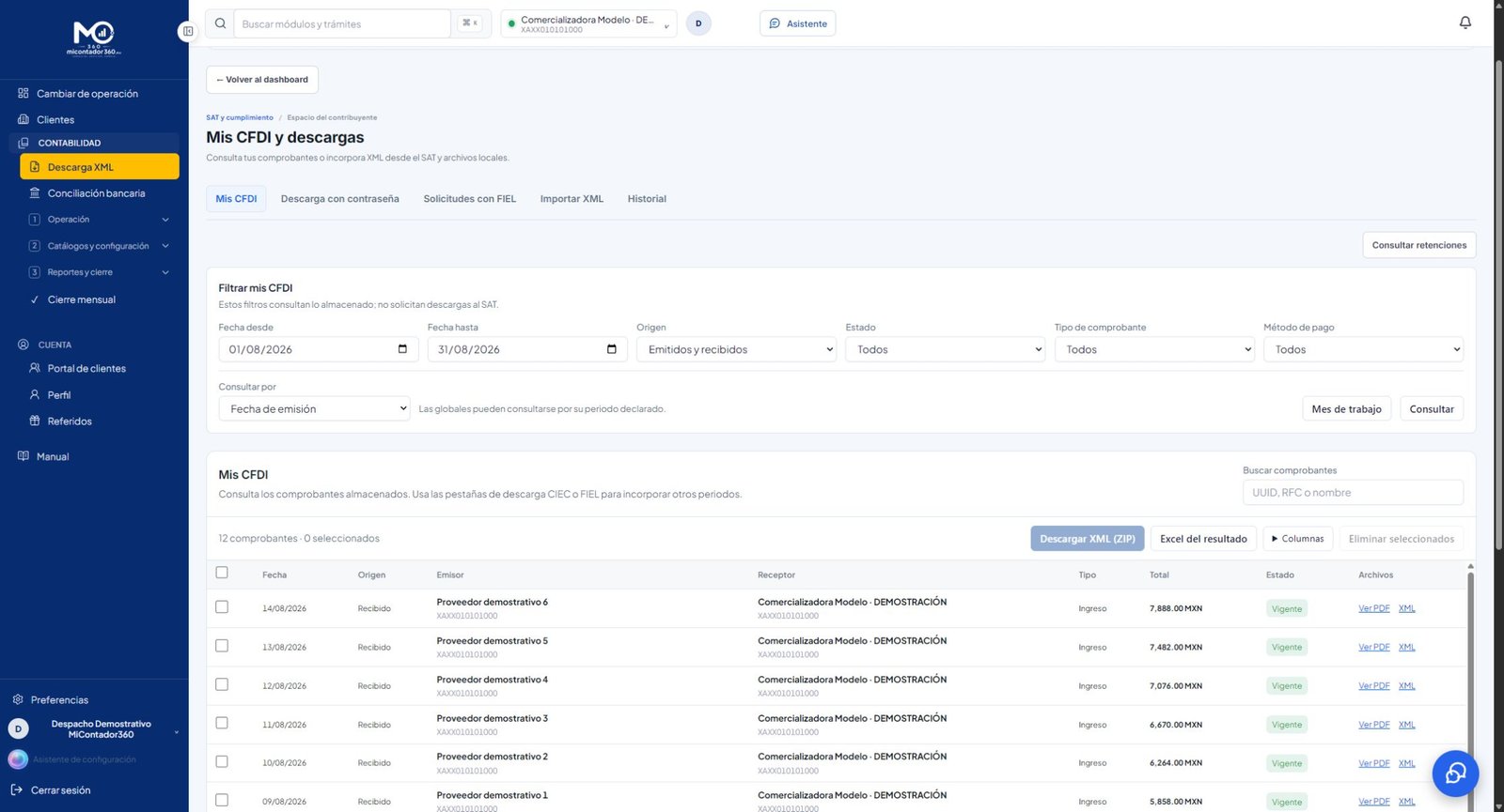 Visor actual de CFDI con filtros y comprobantes de una empresa de demostración